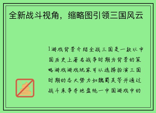 全新战斗视角，缩略图引领三国风云